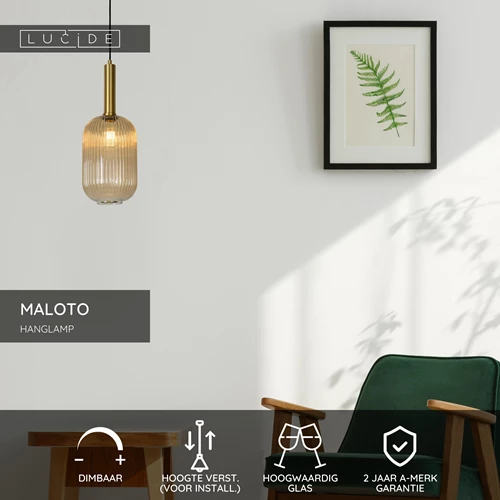 Lucide MALOTO - Hanglamp - Ø 20 cm - 1xE27 - Amber - USP